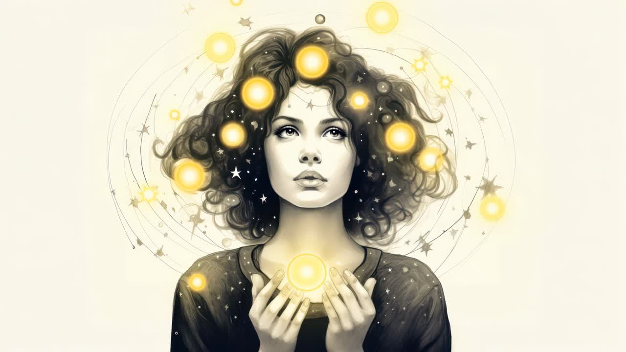 A surreal, celestial-themed portrait of a woman with cosmic elements