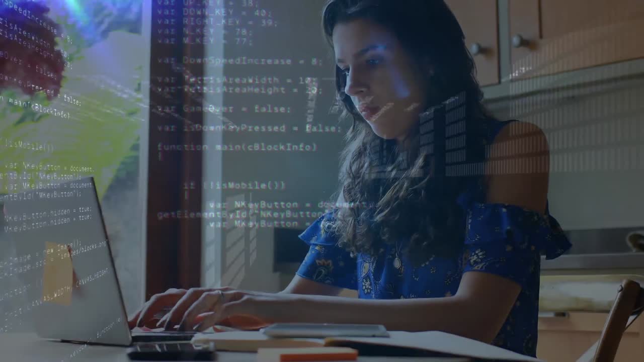 Animation of data processing over woman using laptop