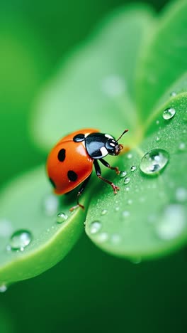 ladybug on a green leaf with water droplets