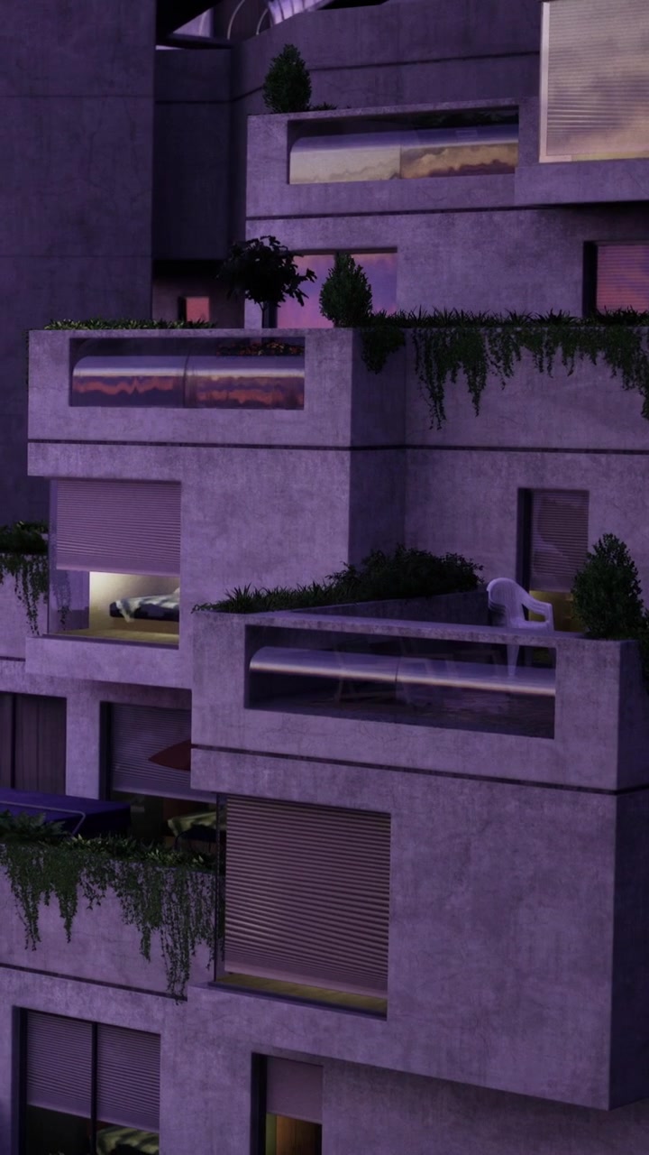 Moderne arkitektur viser unikke bygningsdetaljer i skumringen i et byområde.
