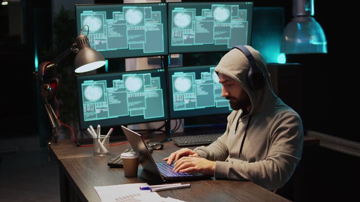 Hacker coding on laptop with multiple monitors