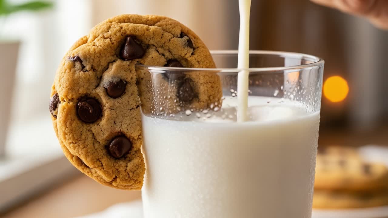 Delizioso biscotto con gocce di cioccolato appoggiato sul bordo di un bicchiere di latte, per creare una scena invitante, perfetta per uno spuntino o un dessert