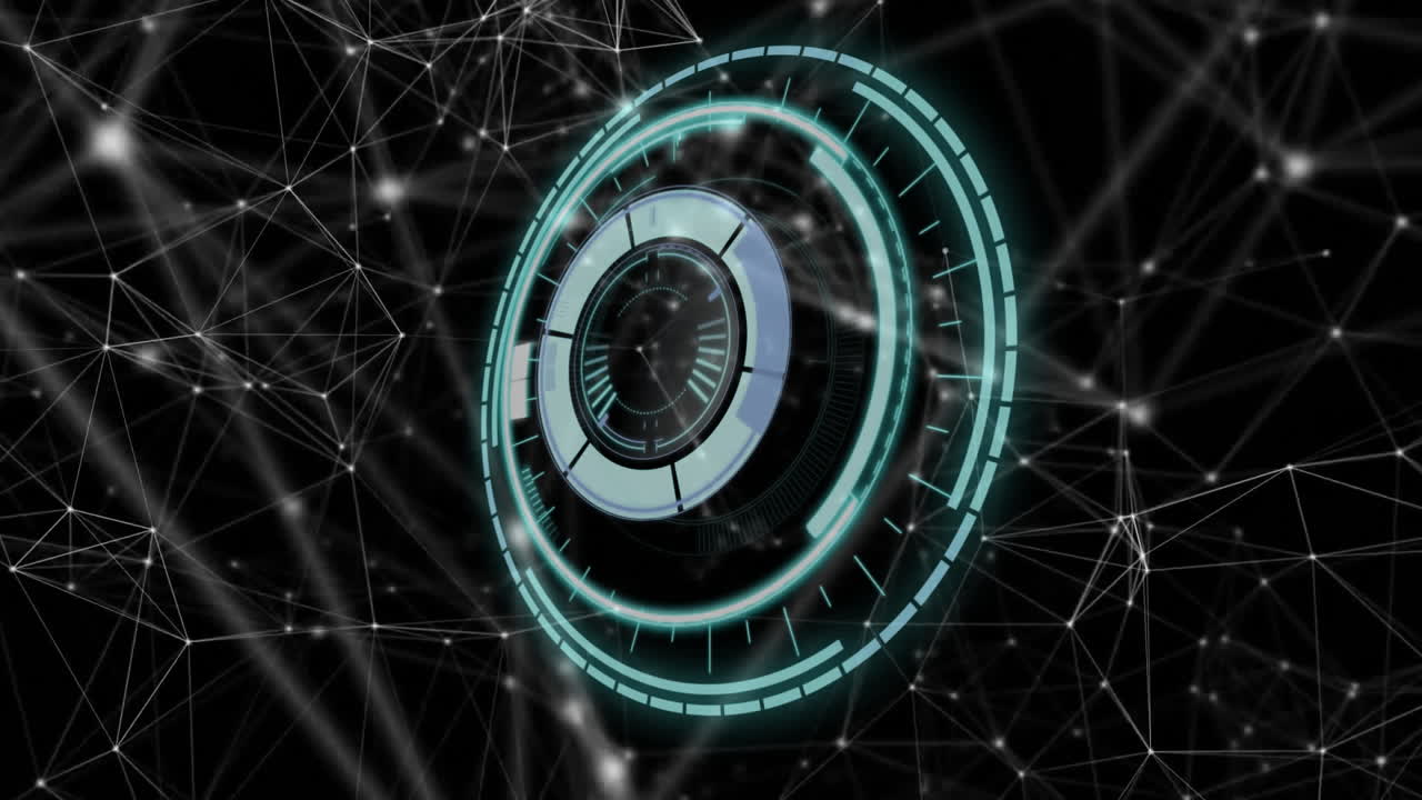 Animation of glowing circular elements over network connections in futuristic interface
