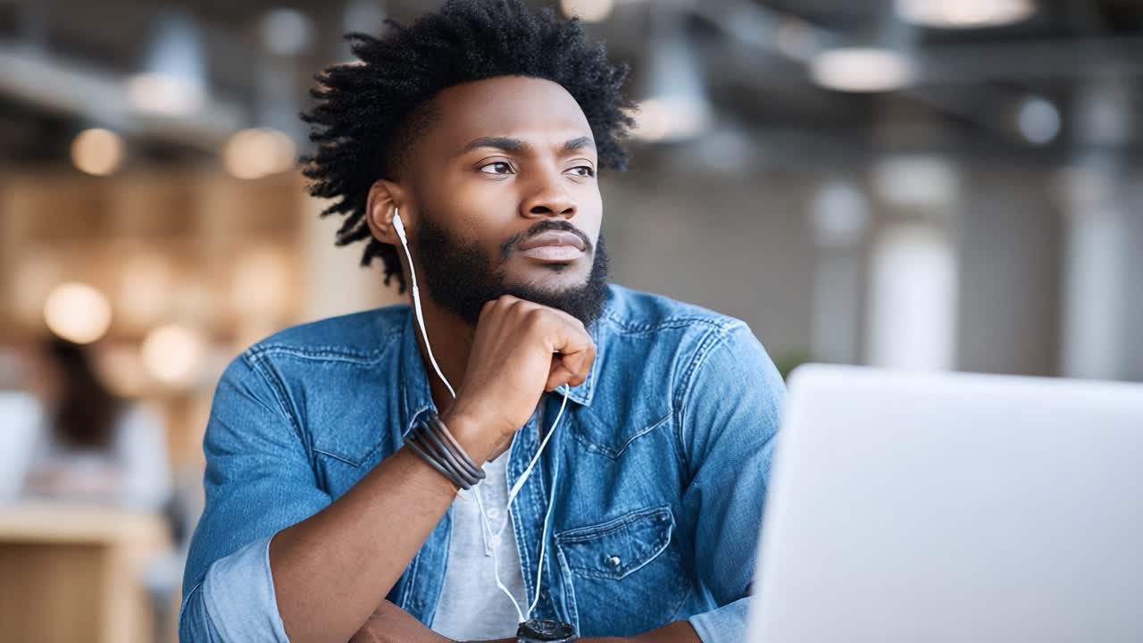 Thoughtful Young Man with Headphones Contemplating Ideas While Sitting at a Laptop in a Modern Workspace Environment Filled with Natural Light