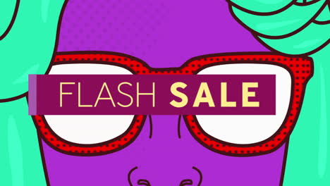 texto de venta flash en la cara digital con gafas de sol contra un fondo amarillo