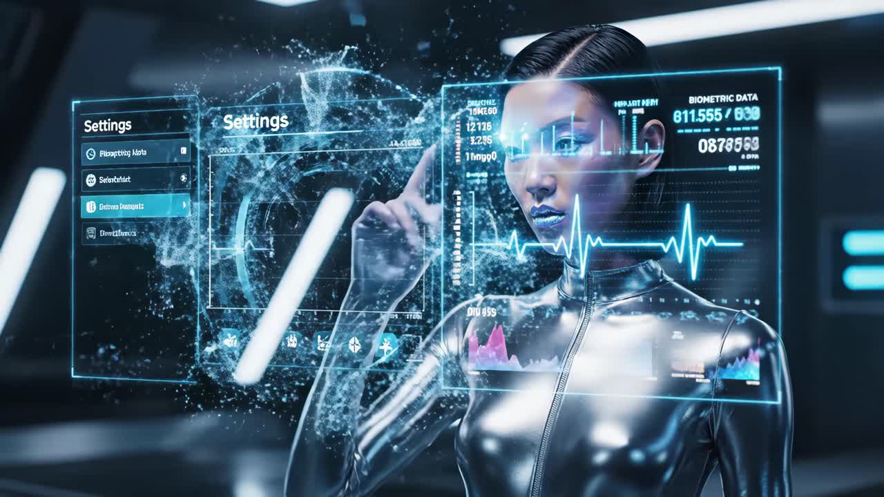 Futuristic Woman Interacting with Digital Interface