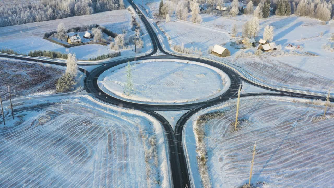 Snedækket rundkørsel der forbinder flere veje, omgivet af marker og træer med rimfrost i luftperspektiv