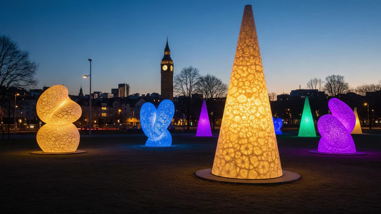 A Stunning Display of Colorful Light Sculptures Illuminating the Park at Night, Featuring Various Shapes and Vibrant Colors Against a City Skyline Backdrop