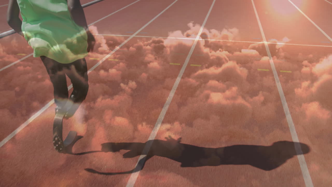 Running on track, athlete with prosthetic legs in front of cloudy sky