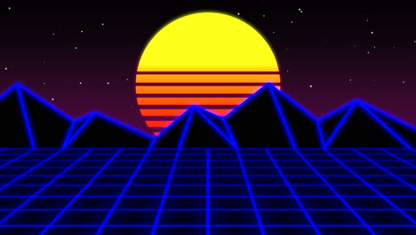 big sun and neon mountain with blue grid in galaxy