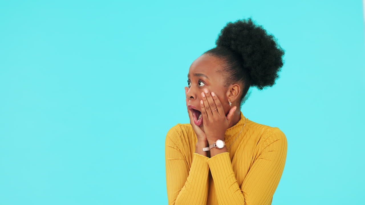 Wow, mockup and face of a black woman on a blue