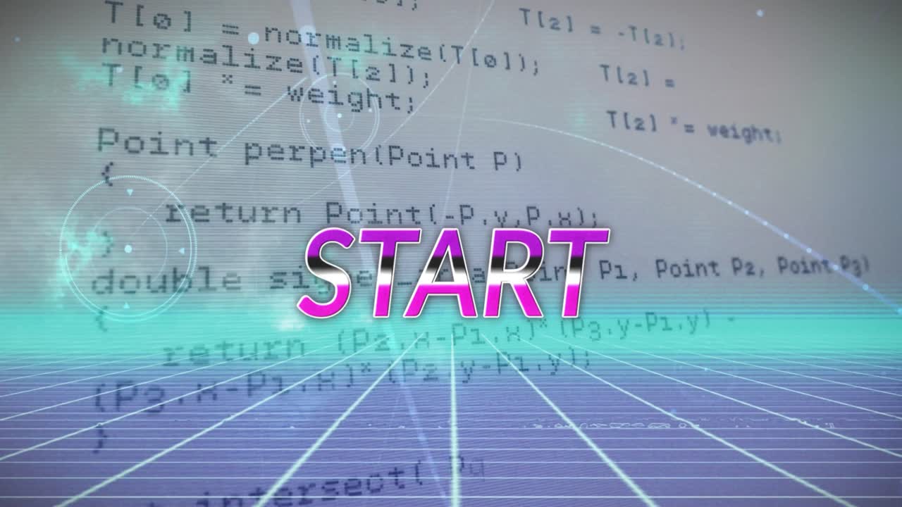 Animation of start text over data processing and metaverse