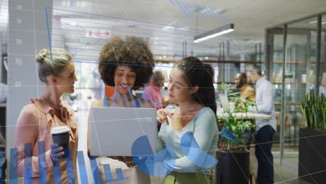 animation of statistical data processing over three diverse women discussing over a laptop at office