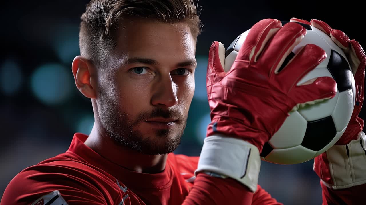 Un portiere atletico tiene il pallone con intensa concentrazione. I guanti rossi contrastano con le luci scure e sfocate dello stadio. Il suo sguardo serio trasmette determinazione e prontezza. Ideale per sport e fitness.