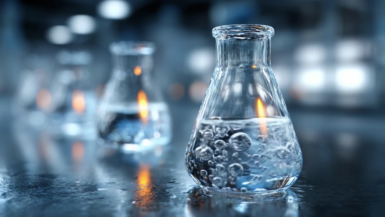 A Captivating Display of Bubbling Water in a Laboratory Flask with Flickering Flames – Exploring the Intriguing Interaction of Elements Under Scientific Observation