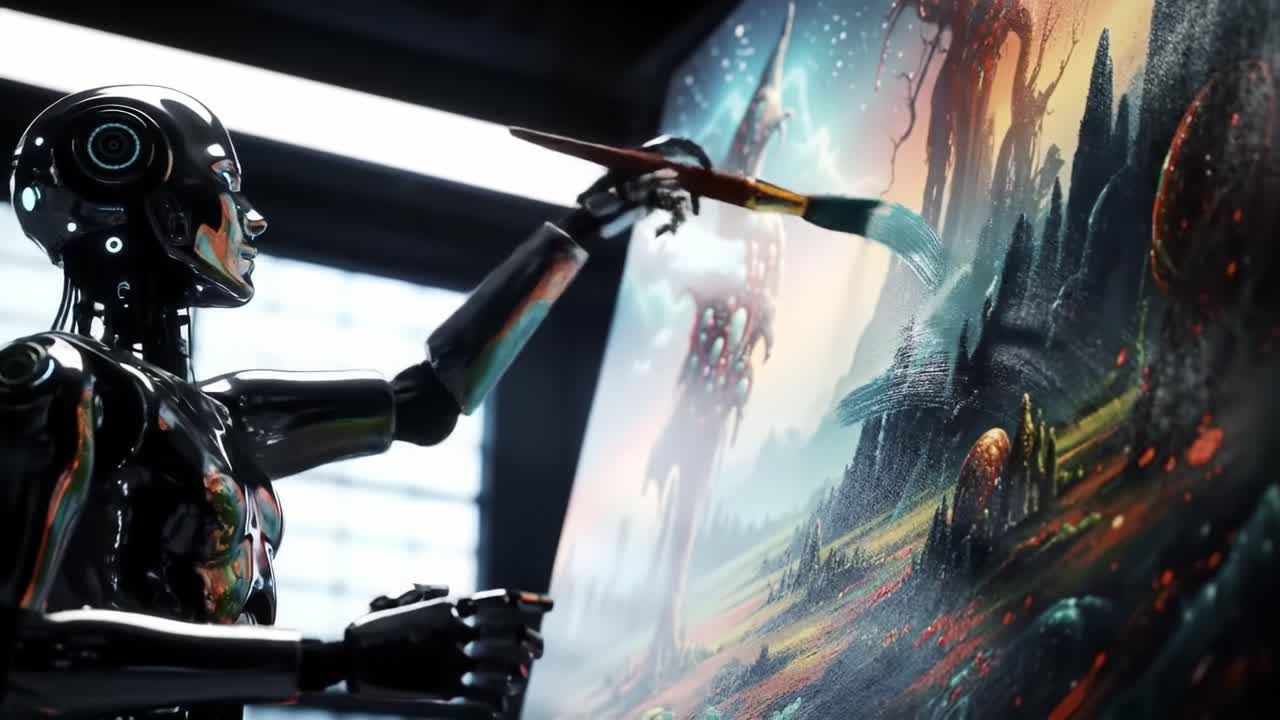An Advanced Robotic Artist at Work: A Futuristic Depiction of Creation and Innovation in a Vibrant, Surreal Landscaped Environment