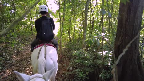 adult male practicing horseback riding, wearing protection gear and a backpack, in the rainforests of costa rica