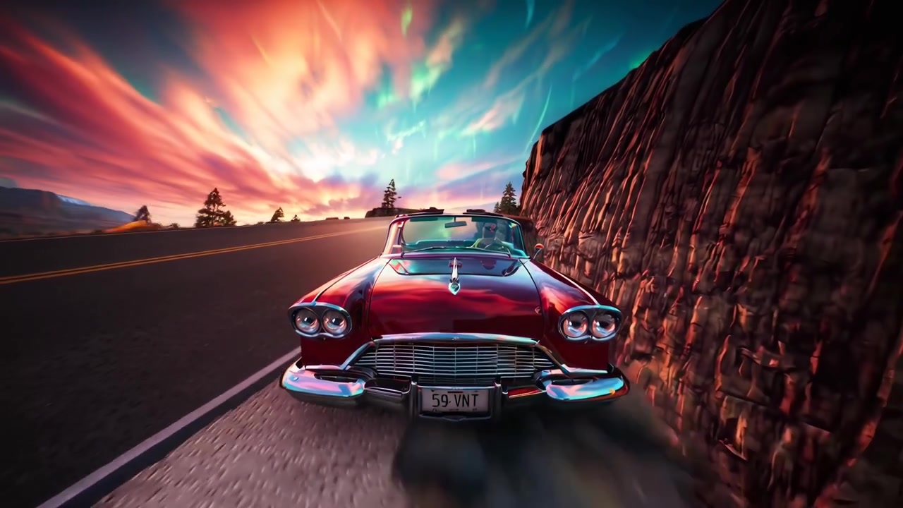 Rotes Oldtimer-Cabriolet fährt auf malerischer Straße bei Sonnenuntergang mit Nordlichtern