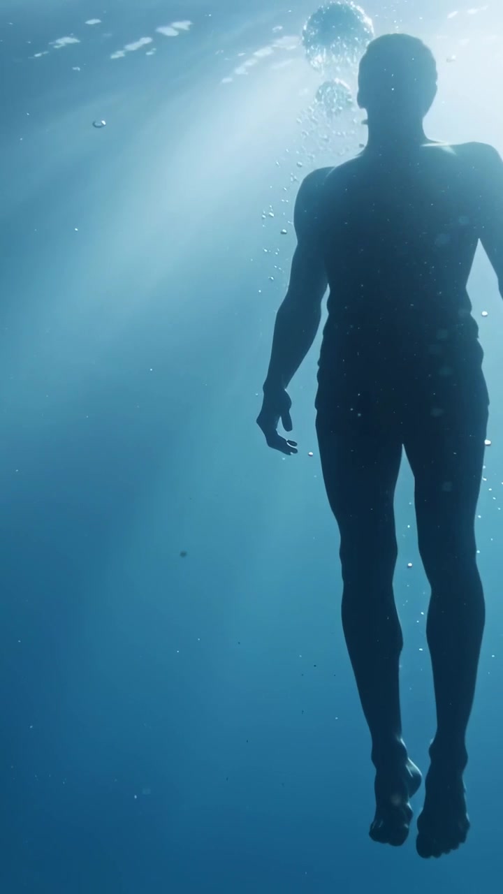 Vertical video: Ascending male figure exhaling bubbles toward sunlight in water for air, in trunks