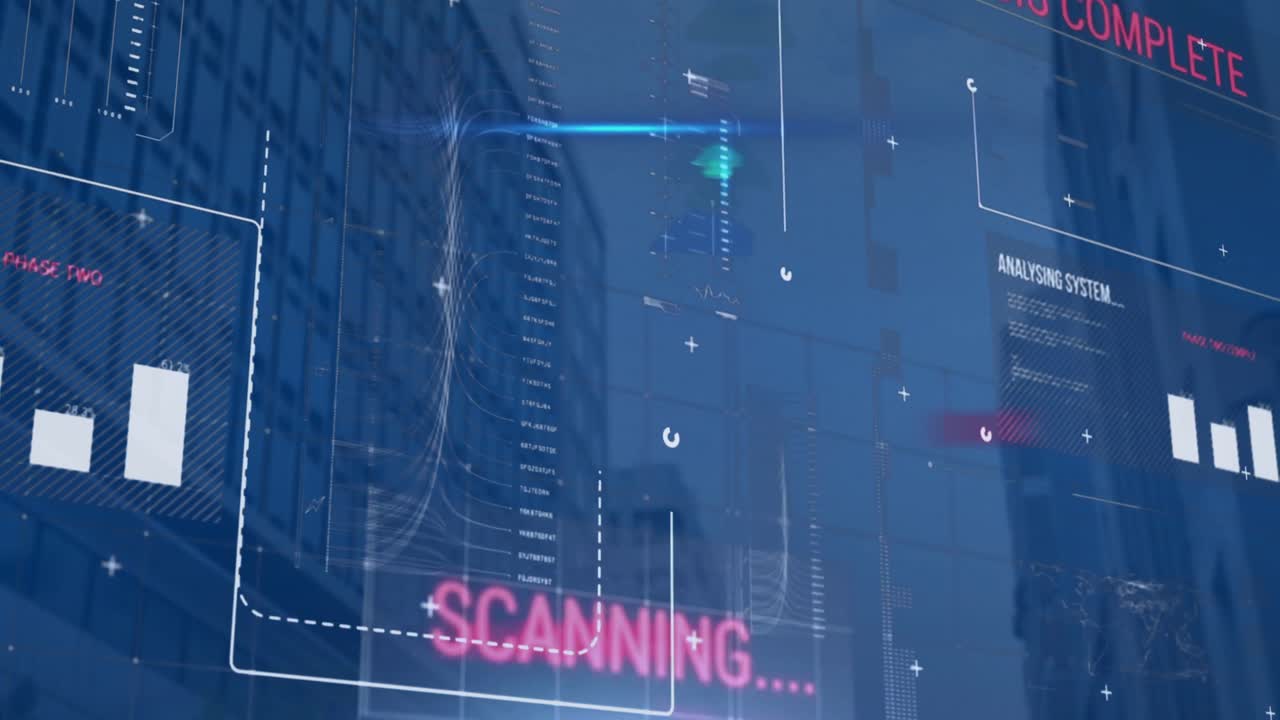 도시 풍경 위의 데이터 처리 애니메이션