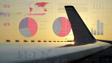 animación del procesamiento de datos y diagramas sobre el avión en el aeropuerto