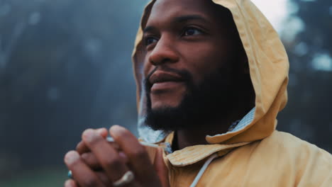 coffee, morning and a black man hiking in nature