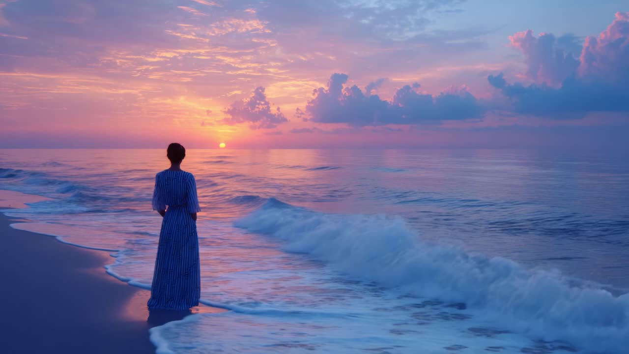 A Serene Sunset Moment: A Woman Gazes Over Tranquil Waves as the Sun Sets, Casting a Magical Glow Over the Ocean, Reflecting Peace and Natural Beauty