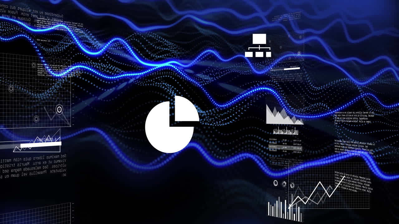 White pie chart icon floating in virtual interface, showing graphs, grid panels, code snippets
