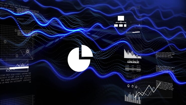 White pie chart icon floating in virtual interface, showing graphs, grid panels, code snippets