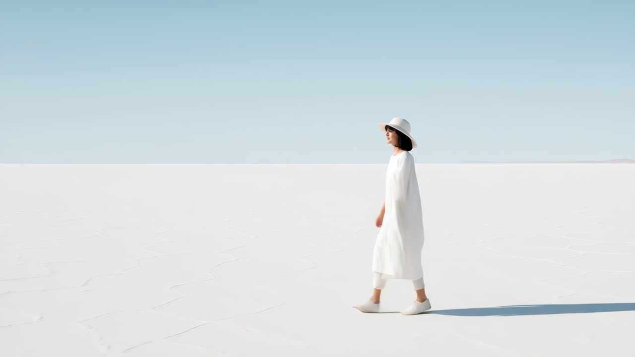 Kvinde i hvidt går hen over et stort, minimalistisk landskab