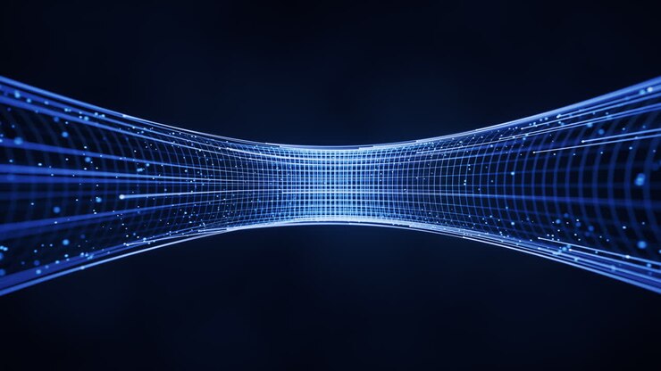 Linee digitali fluide con sfondo di cyberspazio, rendering 3D