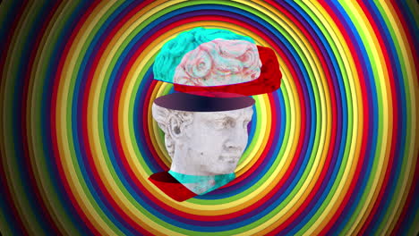 animación de distorsión del busto de la escultura clásica con la parte superior de la cabeza moviéndose sobre rayas radiales de arco iris