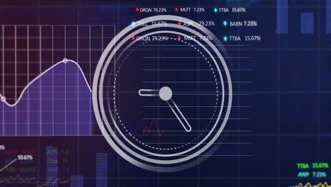 animación del reloj sobre el procesamiento de datos estadísticos y del mercado de valores sobre fondo azul