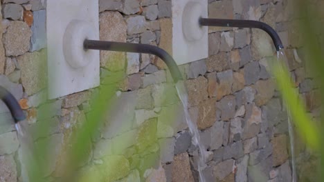 Panning-clip-showing-water-running-through-three-metal-taps,-with-pink-flowers-and-greenery-in-the-foreground