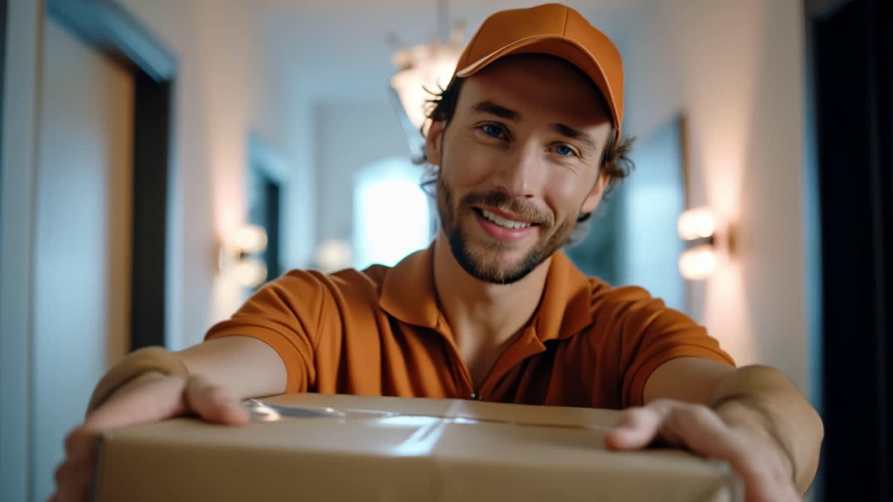 Fattorino cordiale in uniforme arancione sorride mentre tiene un pacco in un corridoio, rappresentando un servizio eccezionale e la connessione con i clienti.