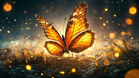 majestic butterfly dances among sparkling light in nature at dusk