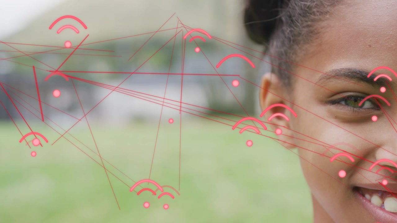 Red arcs and nodes drifting right, starting tech overlay on girl smiling, looking, showing network