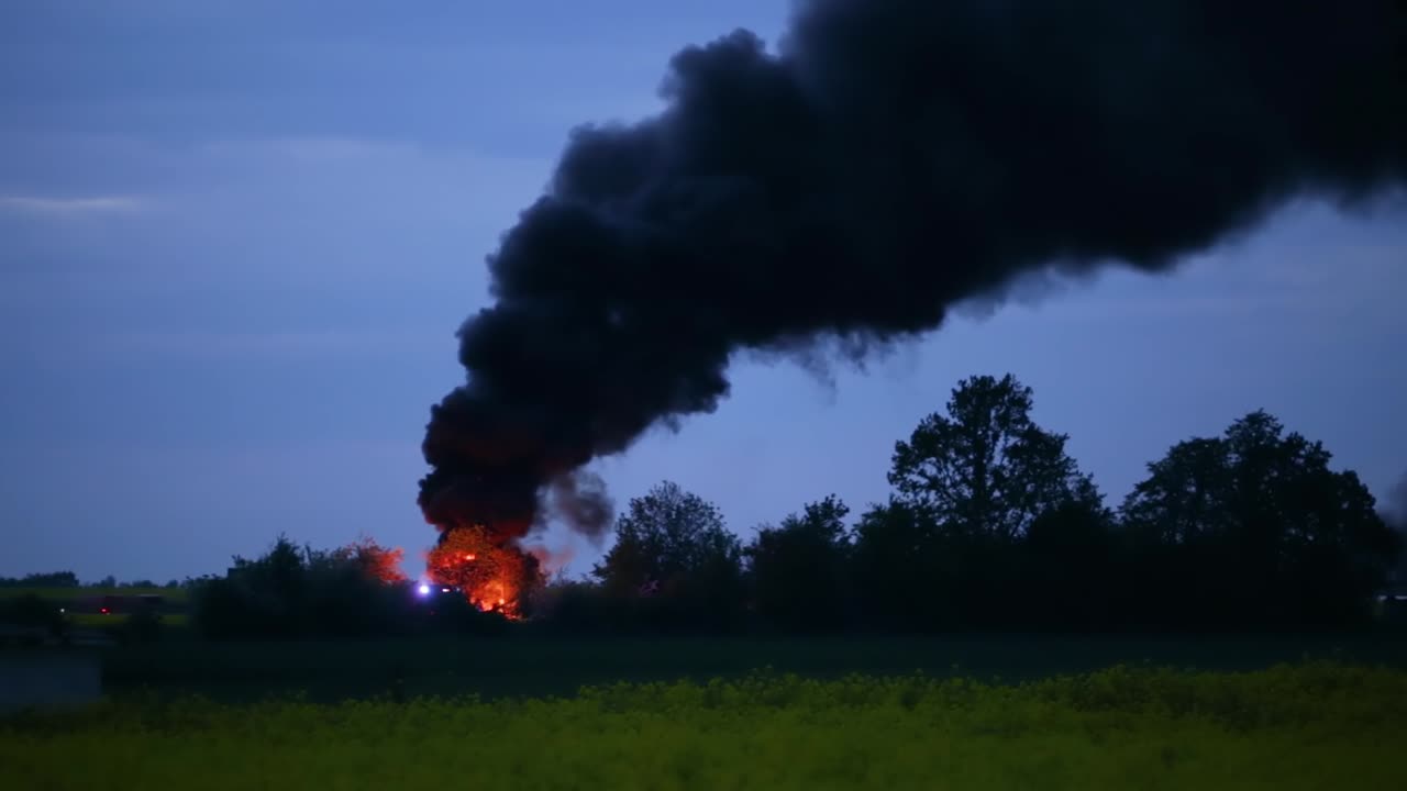Thick Black Smoke From A Burning House In Zlotoryja, Poland - Firetruck To The Rescue - wide shot