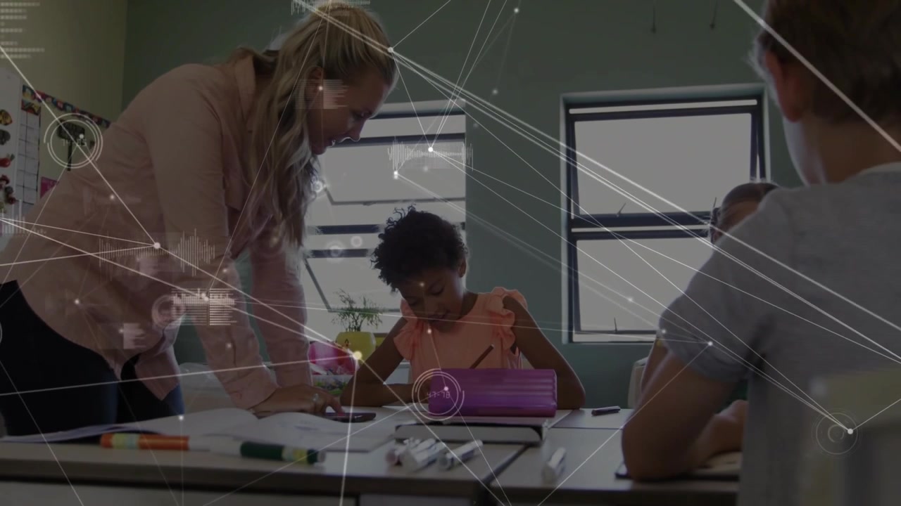 Teacher leaning over child, guiding on worksheet while becoming upright, education HUD overlaying
