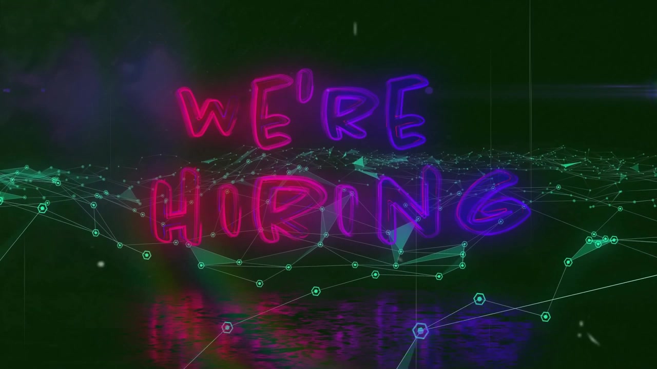 Animation of We're Hiring text glowing over digital network connections