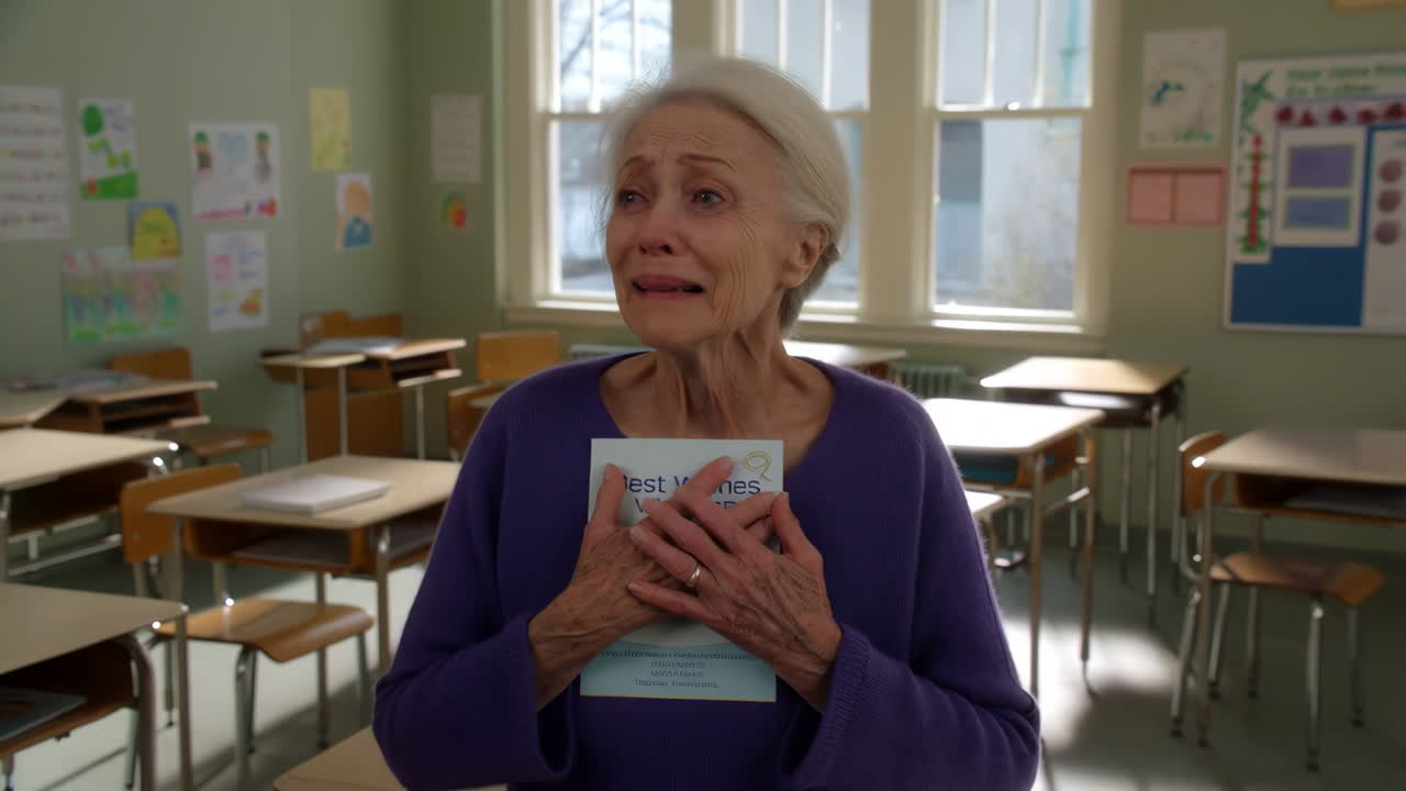 Elderly Woman Cries Holding a 'Best Wishes' Card in an Empty Classroom