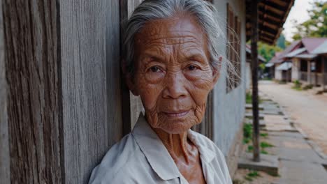 mujer anciana con cabello gris y una camisa de color claro posa contra una pared de madera desgastada, una calle del pueblo visible en el fondo