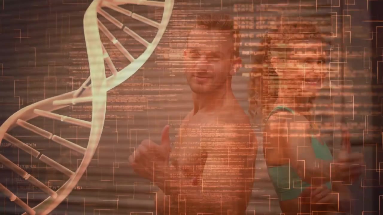 Animation of dna strand spinning over data processing and exercising men and women
