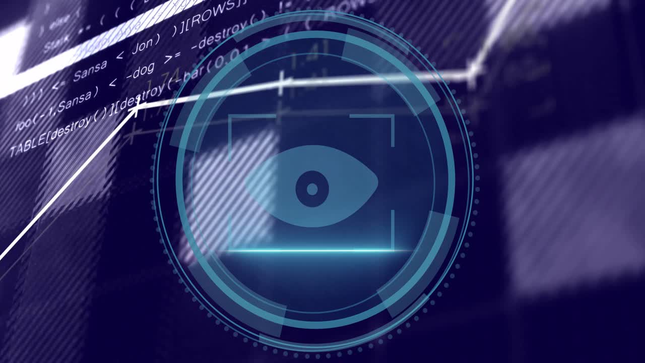 Shifting grid forming shield morphing into eye icon, line pulsing HUD rings showing cyber security