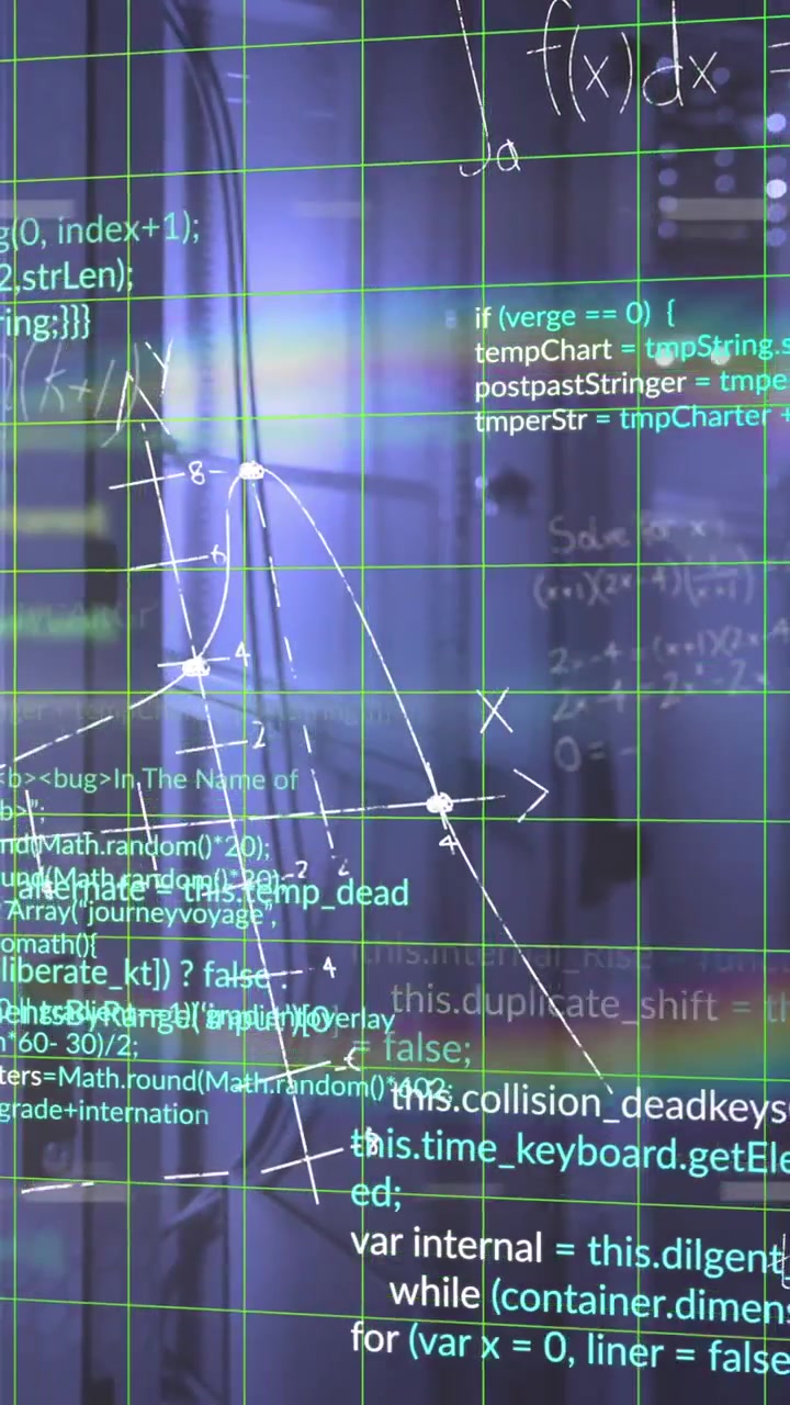 Animation of computer language and mathematical equations and diagrams over server room