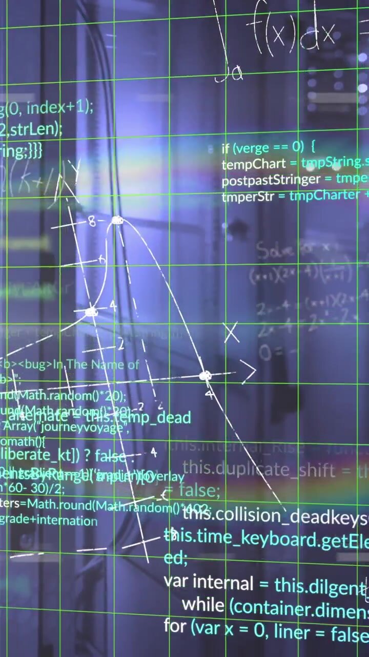 Animation of computer language and mathematical equations and diagrams over server room