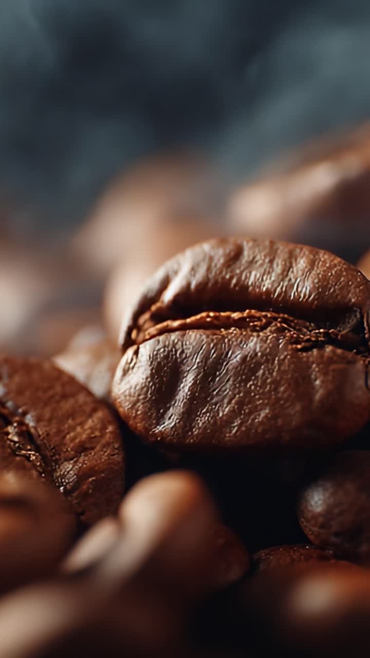 Fængslende nærbillede af kaffebønner omgivet af aromatisk damp, der fremhæver den rige tekstur og farve af friskristede lækkerier
