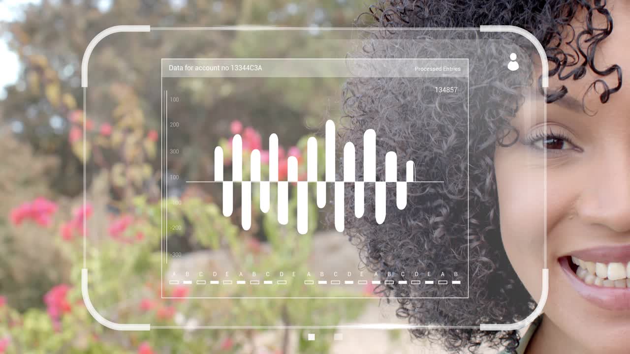 Woman reacting to HUD appearing in garden, animated waveform bars visualizing account analytics