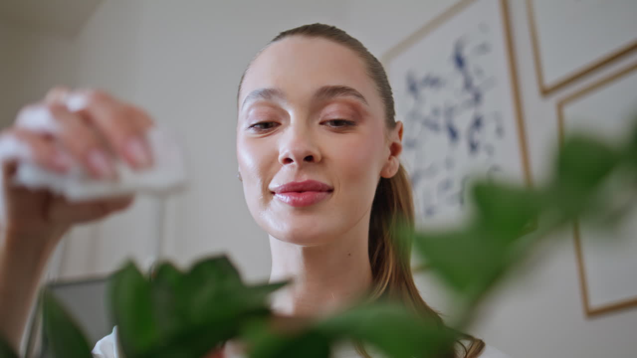 Lady cleaning indoor plant in cozy home feeling relaxed closeup. Smiling woman