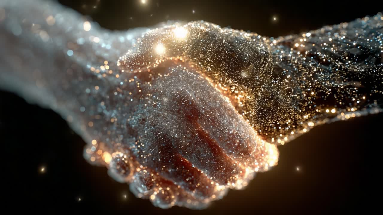 Two abstract hands made of sparkling gold and silver particles joining in a firm handshake against a dark background, representing a digital agreement, futuristic partnership, or ai connection